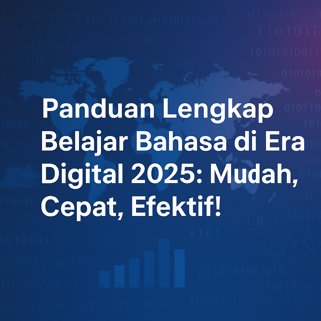 Panduan Lengkap Belajar Bahasa di Era Digital 2025: Mudah, Cepat, Efektif!" berlatar peta dunia dan elemen teknologi modern.