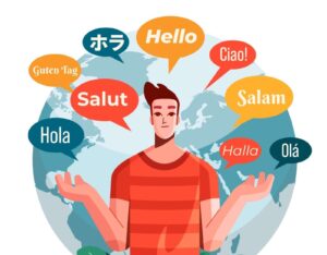 Ilustrasi pria dikelilingi berbagai ucapan salam dalam berbagai bahasa asing, menggambarkan pentingnya belajar bahasa global secara cepat dan efektif.