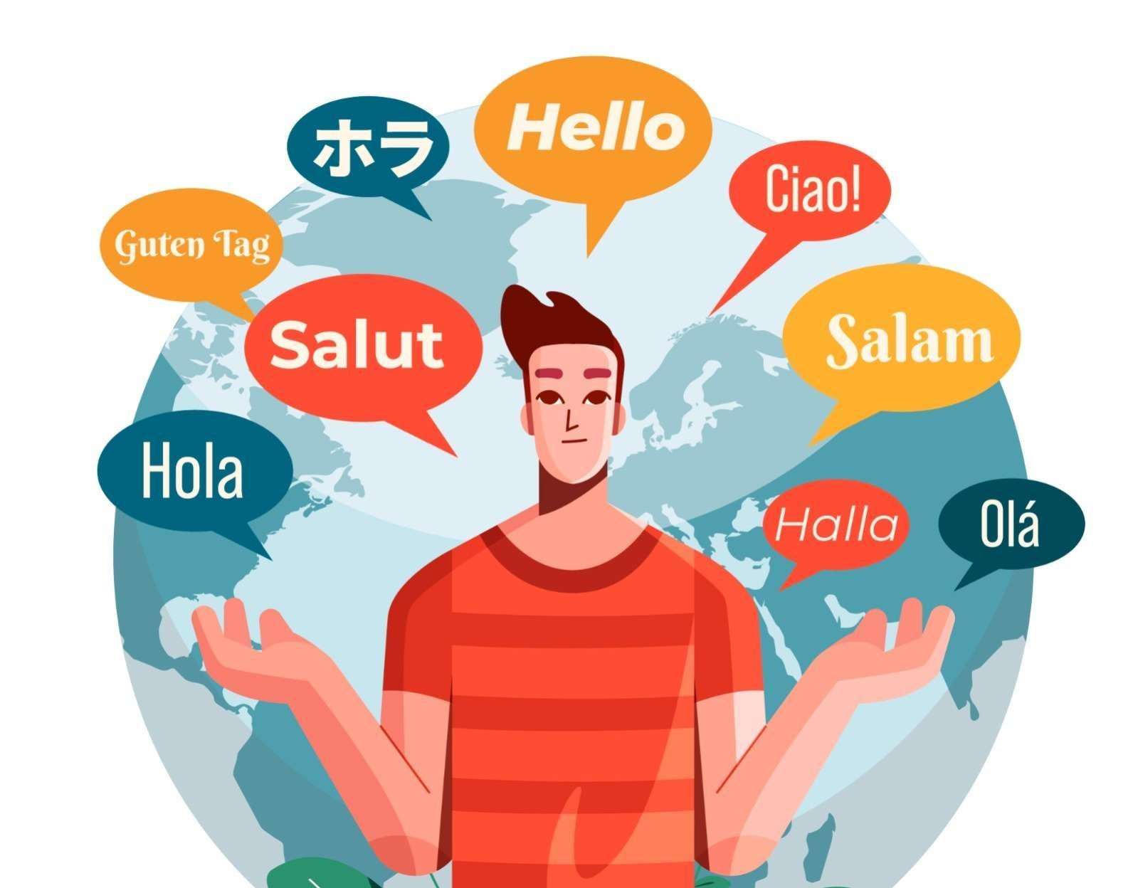 Ilustrasi pria dikelilingi ucapan salam dari berbagai bahasa seperti Hello, Hola, Bonjour, dan Salve — menggambarkan manfaat belajar bahasa asing untuk perkembangan karier di masa depan.