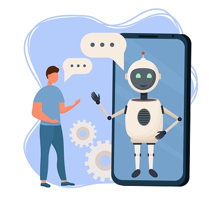 Ilustrasi chatbot berinteraksi dengan pengguna untuk memahami bahasa manusia menggunakan AI dan NLP.