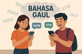 Ilustrasi dua anak muda menggunakan bahasa gaul dalam percakapan sehari-hari