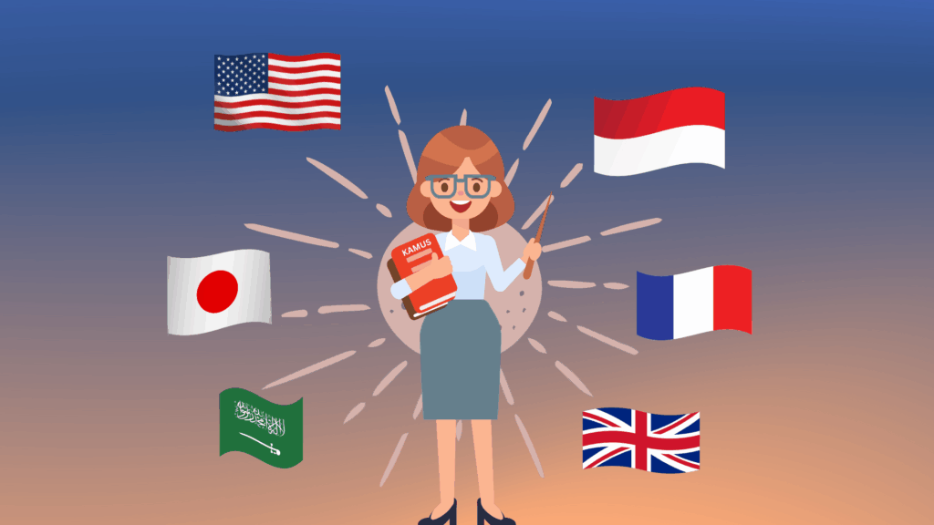 Ilustrasi perempuan membawa kamus dengan bendera negara berbeda seperti Jepang, Indonesia, Prancis, Arab Saudi, dan Inggris — menggambarkan pentingnya belajar bahasa asing untuk meningkatkan karier di era globalisasi.