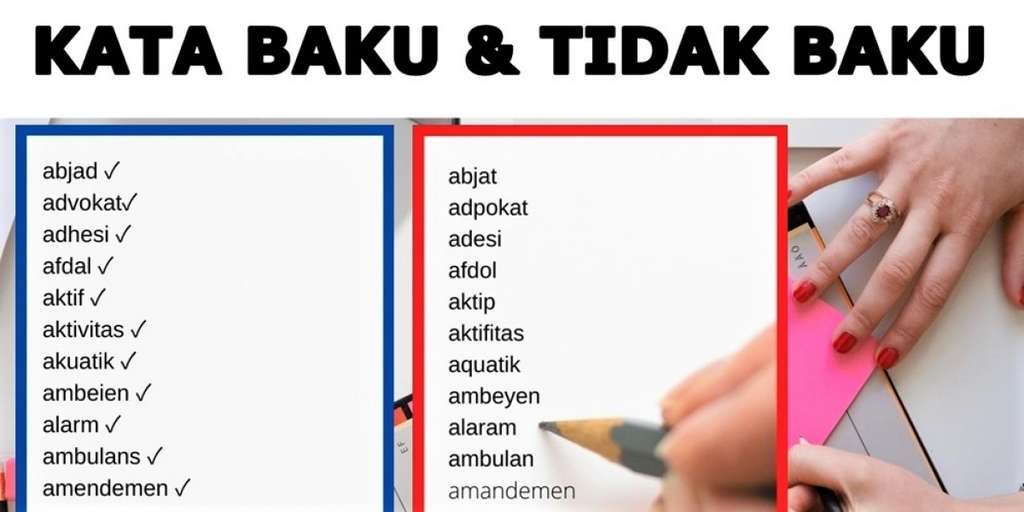 Ilustrasi perbedaan kata baku dan tidak baku dalam penulisan Bahasa Indonesia.